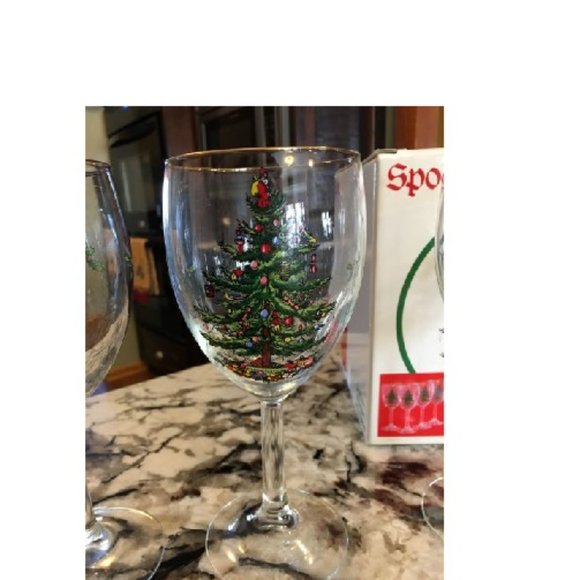 Lot of 3 Spode Christmas Tree 10 Oz Wine Glass Glasses w/ Gold Rims Original Box - Picture 3 of 5